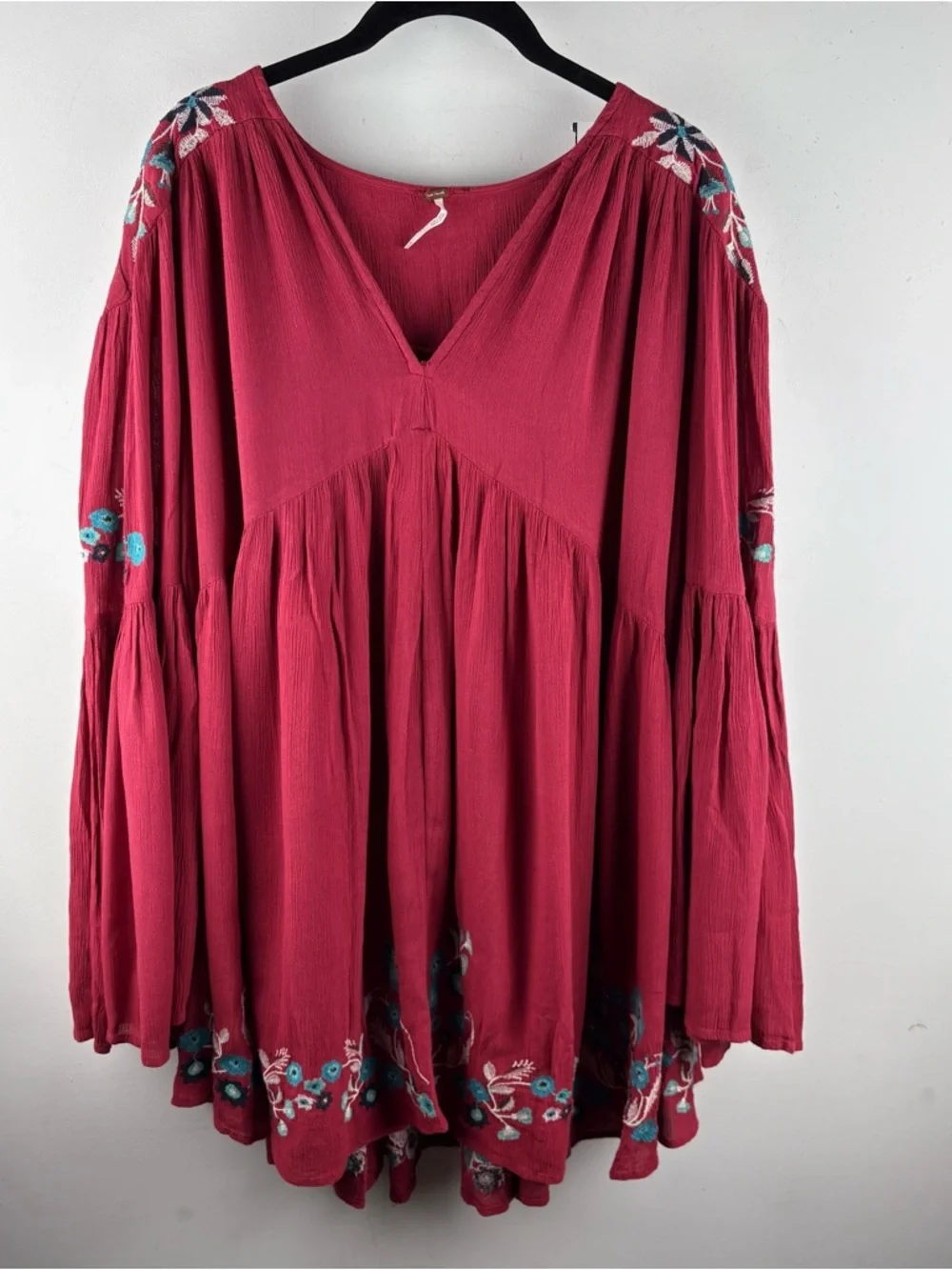 Free People Te Amo Floral Boho Mini Dress $148 Red XS Babydoll Embroidered Bell - Picture 3 of 10